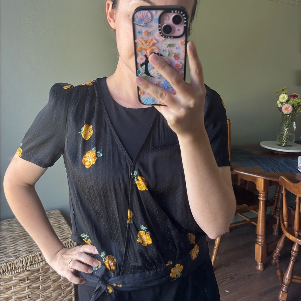 Madewell Black Floral Wrap Blouse